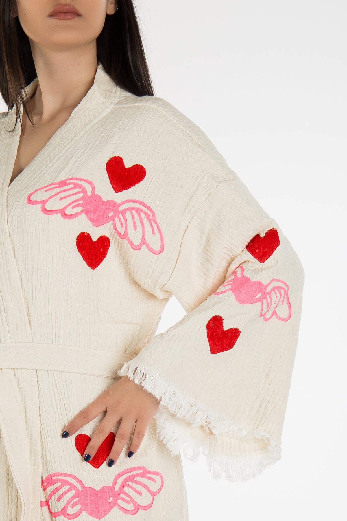 Valentine - Natural Flying Red Hearts Handmade Kimono