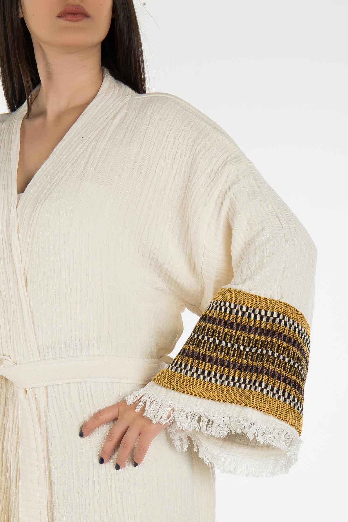 Kaia - Handmade Kimono with Yellow Embroidered Sleeves