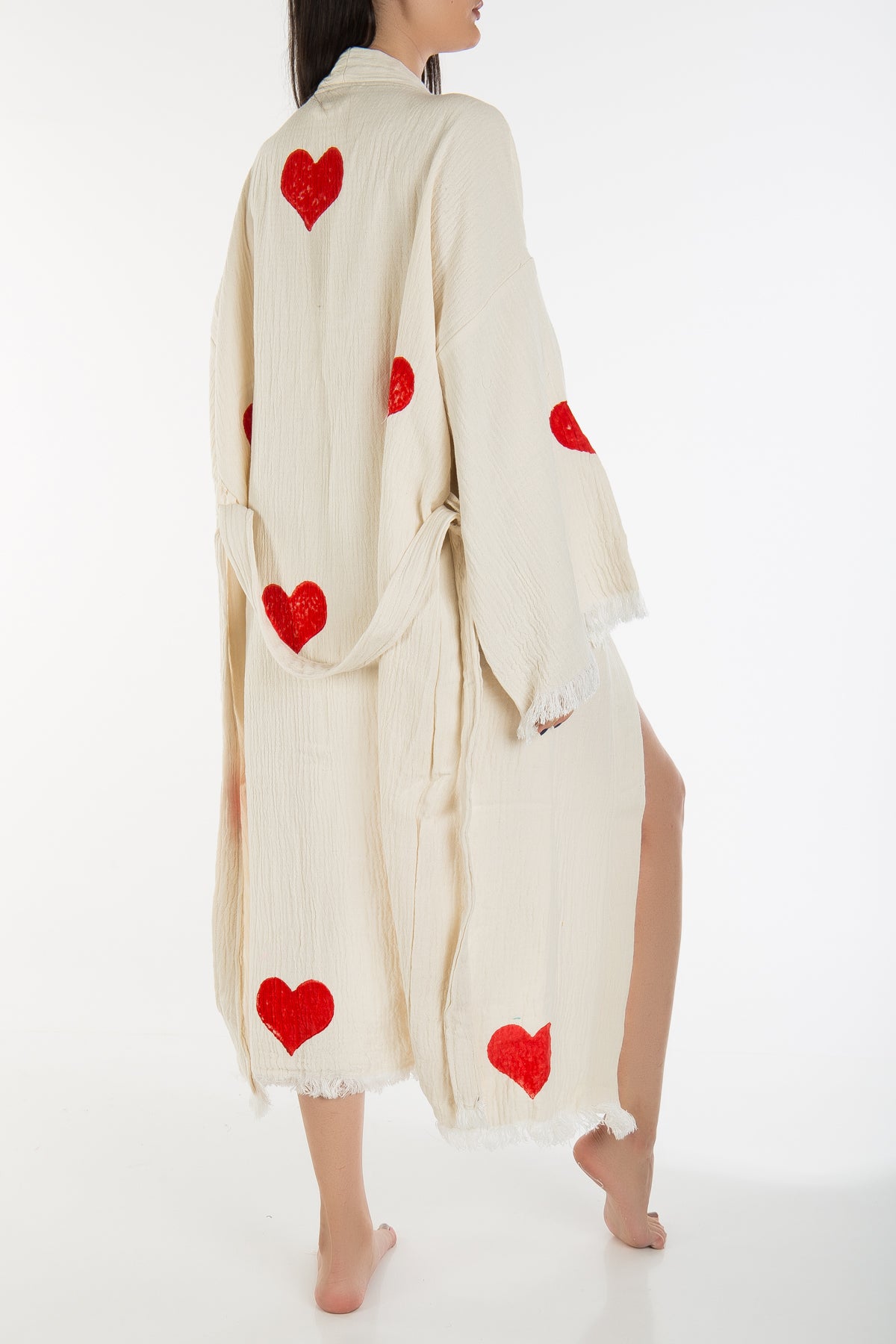 Linda - Natural Red Hearts Handmade Kimono