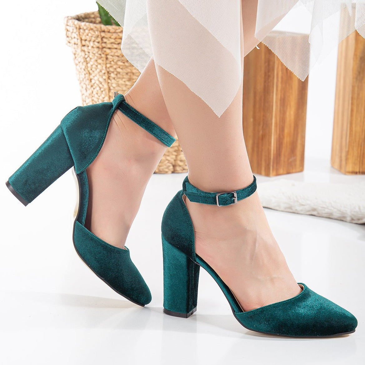 Jolie - Emerald Green Wedding Heels with Ribbon