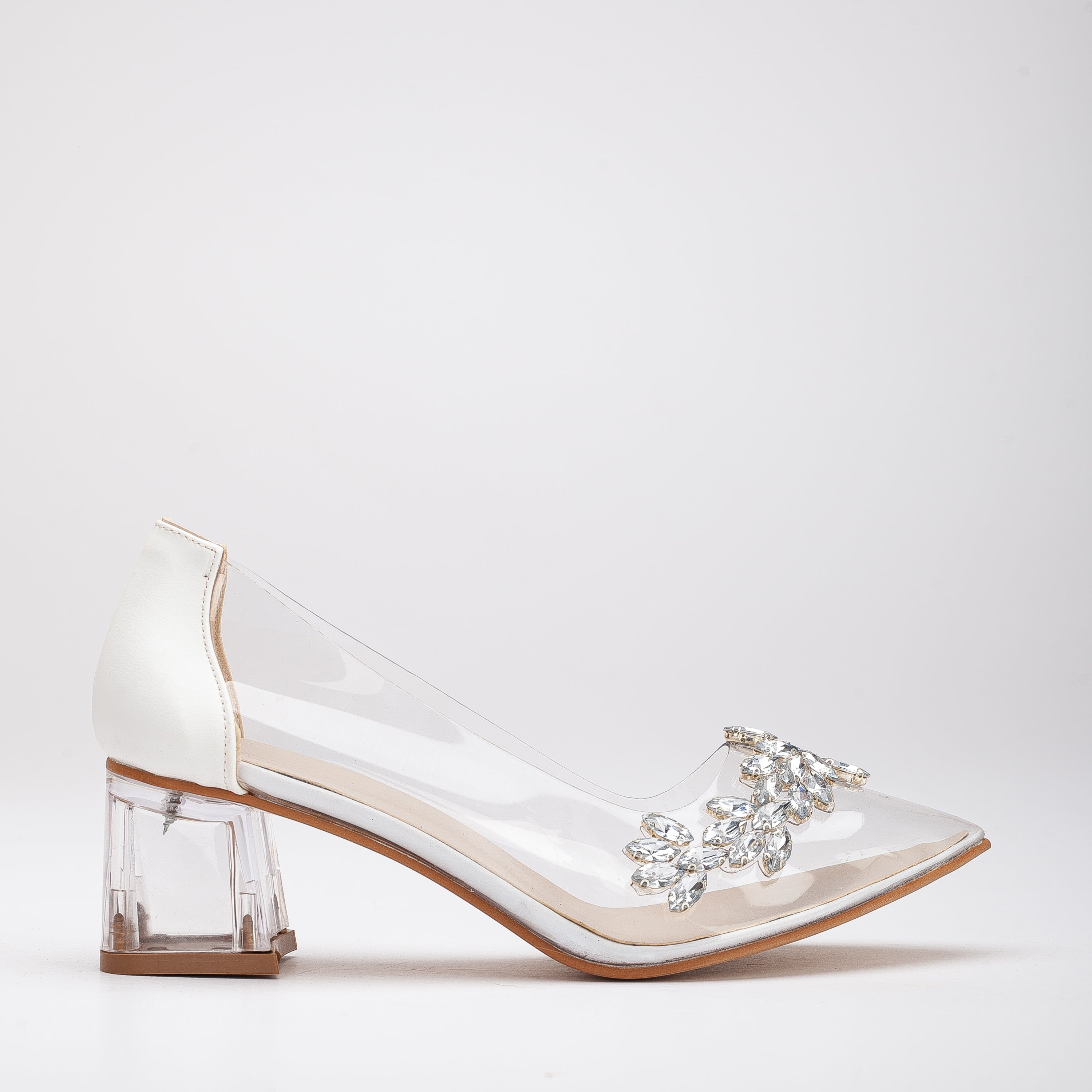 Cinderella transparent rhinestone white heels, Transparent rhinestone heels with white, Stylish Cinderella heels with rhinestones, Chic transparent heels with white accents, Trendy rhinestone embellished white heels, Fashionable Cinderella-inspired heels with rhinestones, Elegant transparent heels adorned with rhinestones and white.