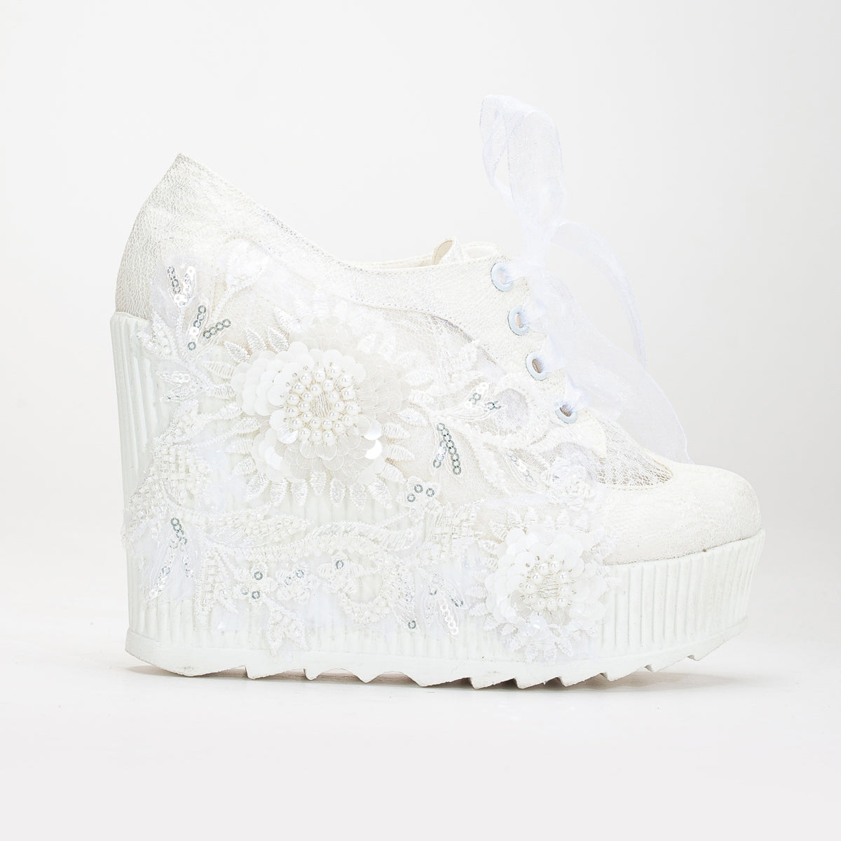 Sheri - Ivory Lace High Heel Wedding Sneakers