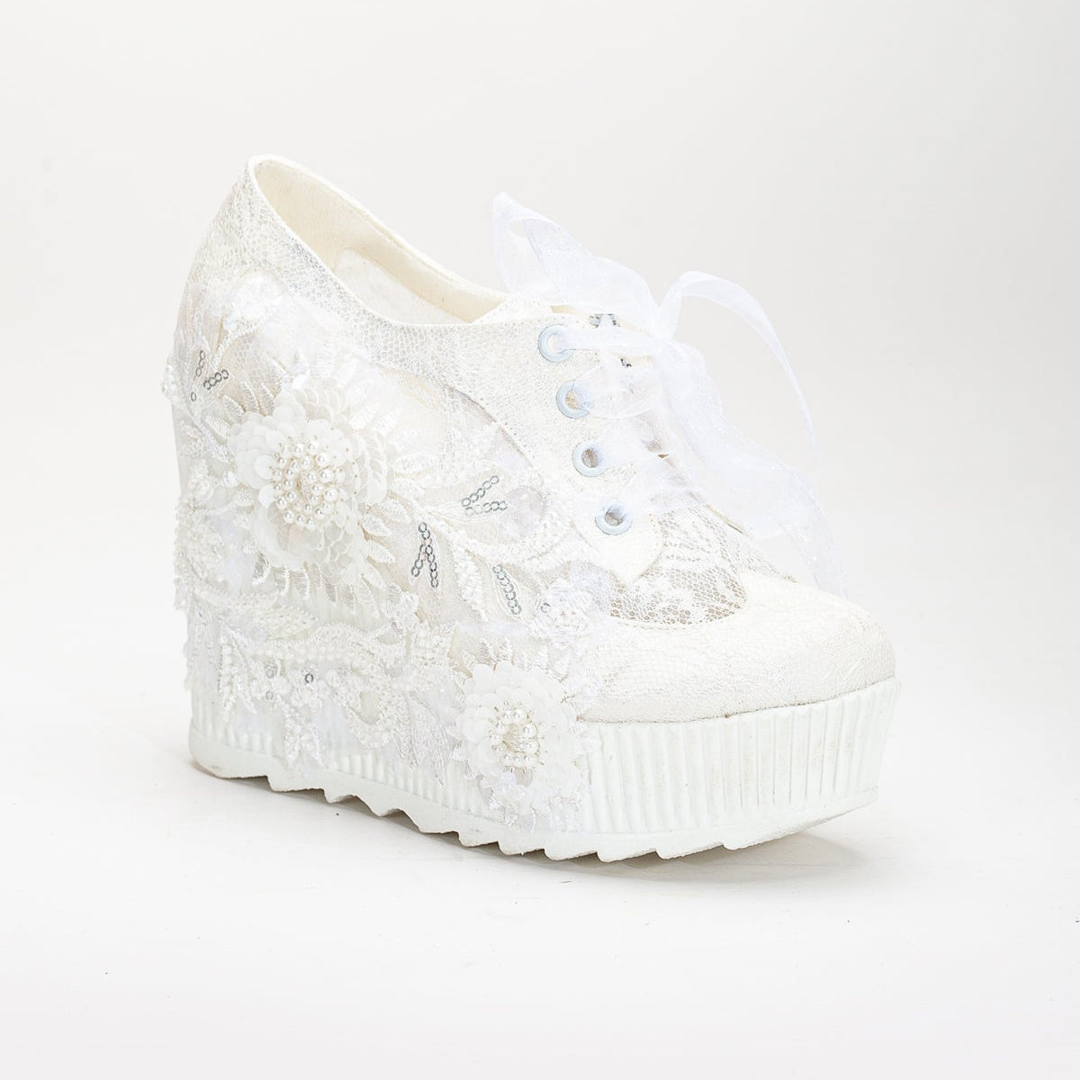 Sheri - Ivory Lace High Heel Wedding Sneakers