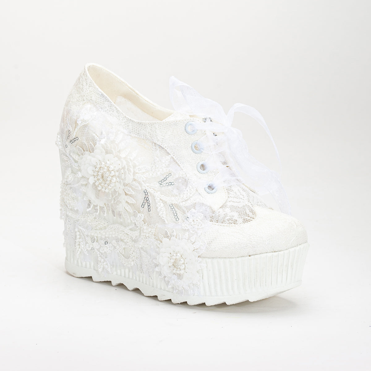 Sheri - Ivory Lace High Heel Wedding Sneakers