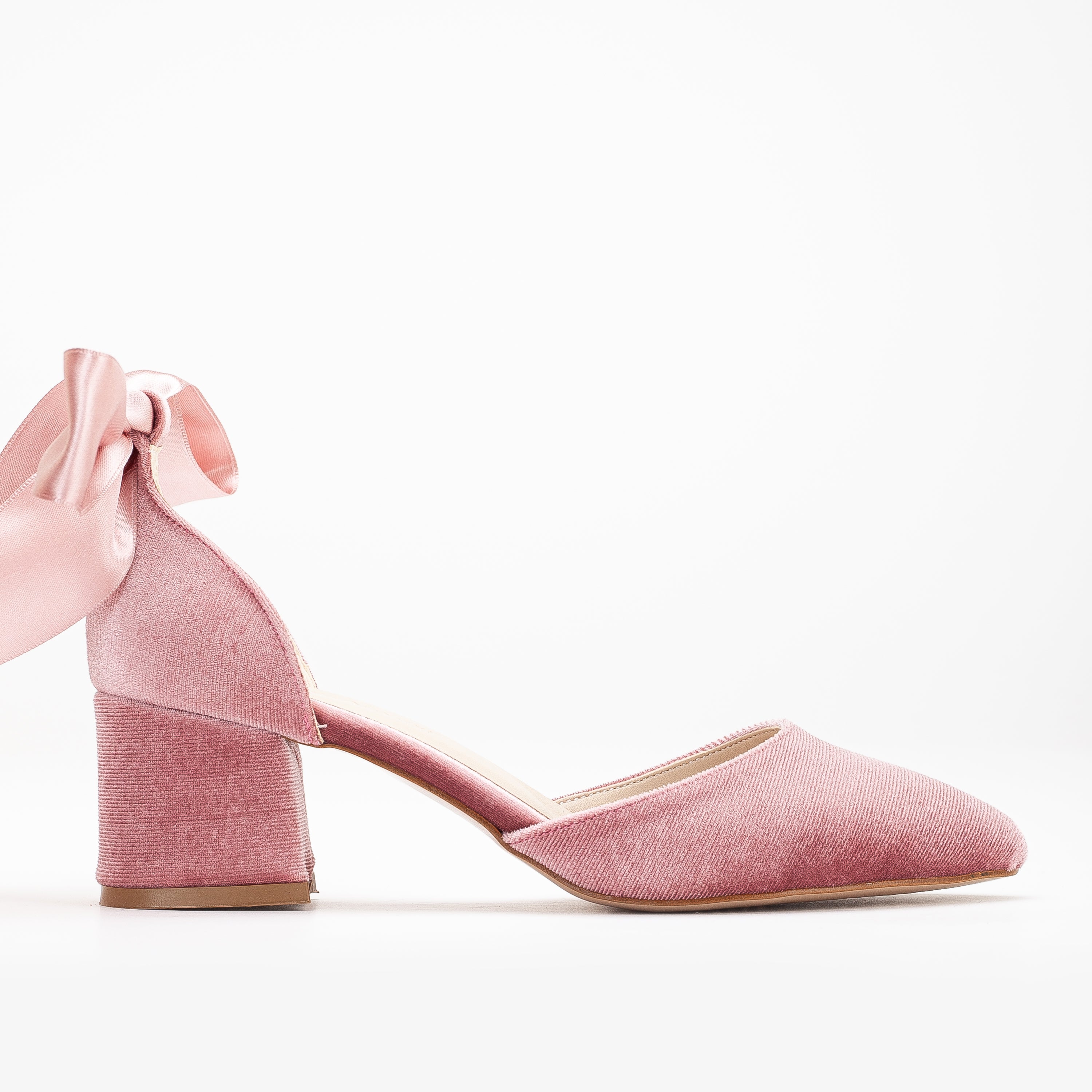 Marcelle - Rose Velvet Low Heels with Ribbon