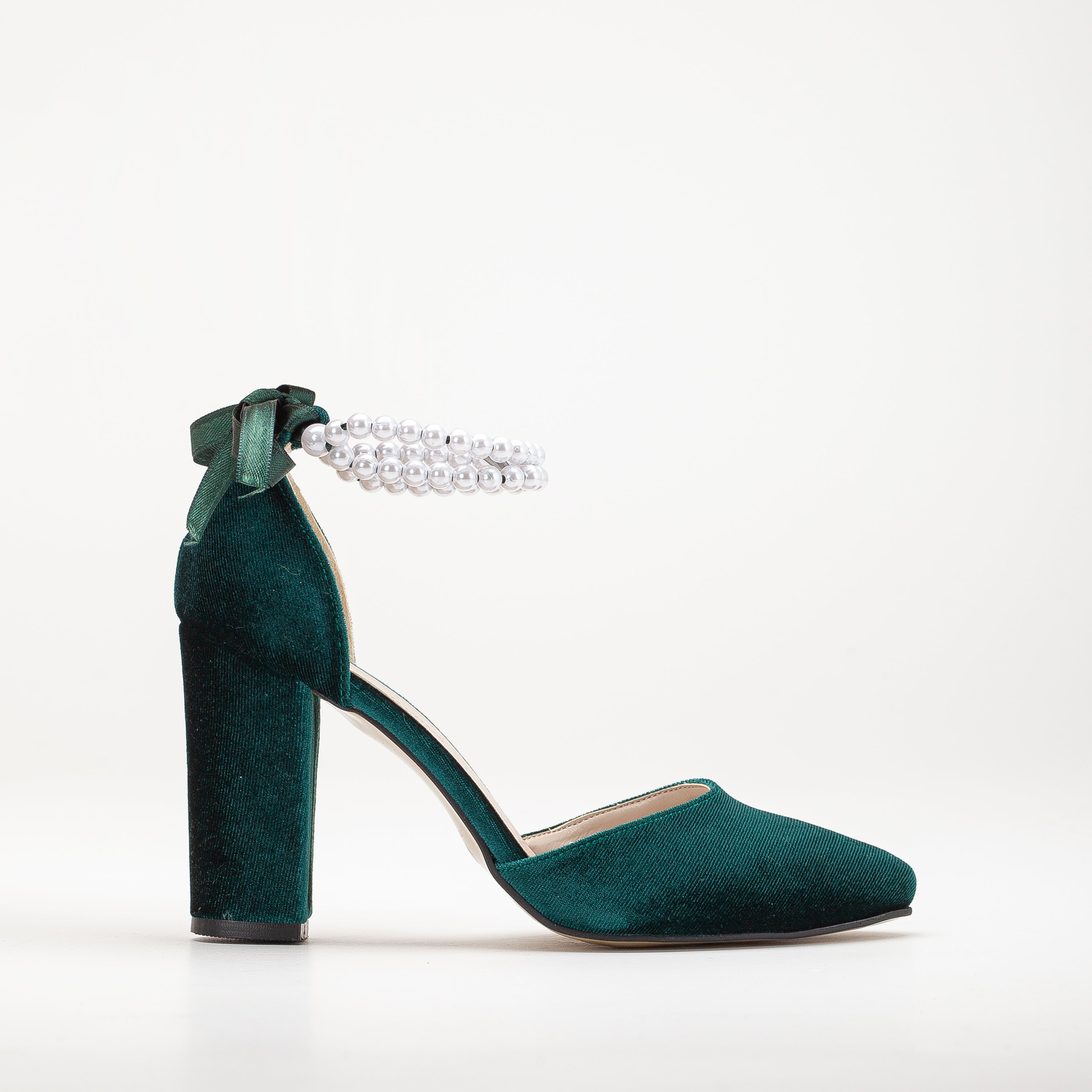 green velvet high heels, pearl ankle detail, women's shoes, elegant heels, luxury footwear, special occasion shoes, stylish high heels, fashion shoes, evening shoes, party shoes