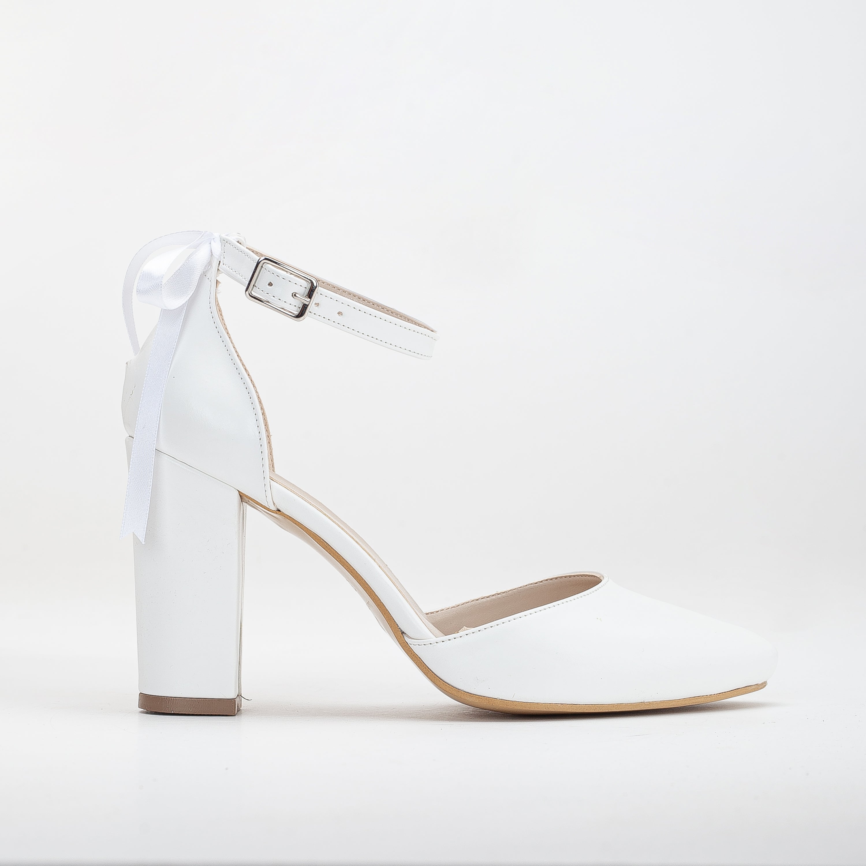 Jolie - White Wedding Heels with Ribbon