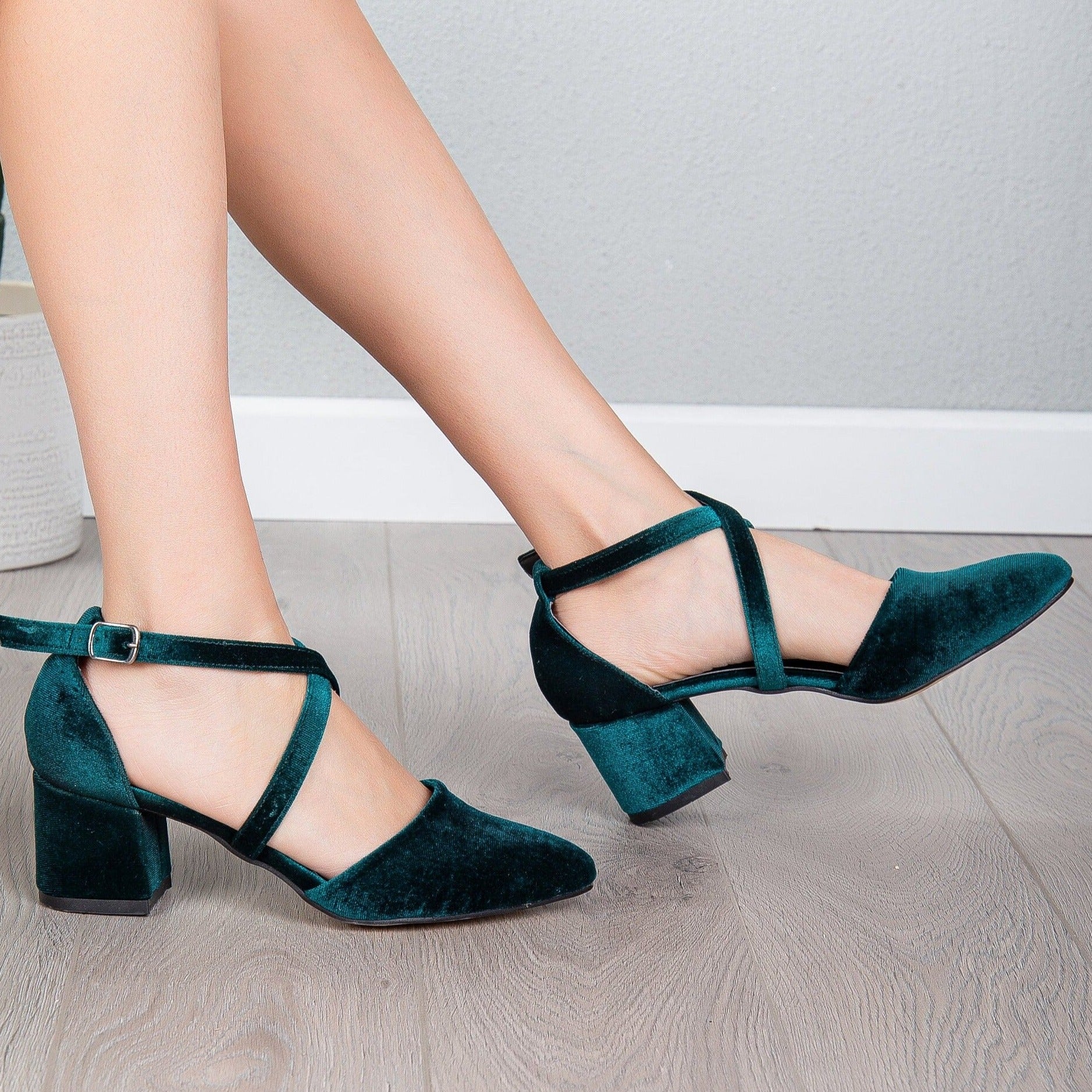 Green Velvet Heels, Green Velvet Shoes, Green Low Heels