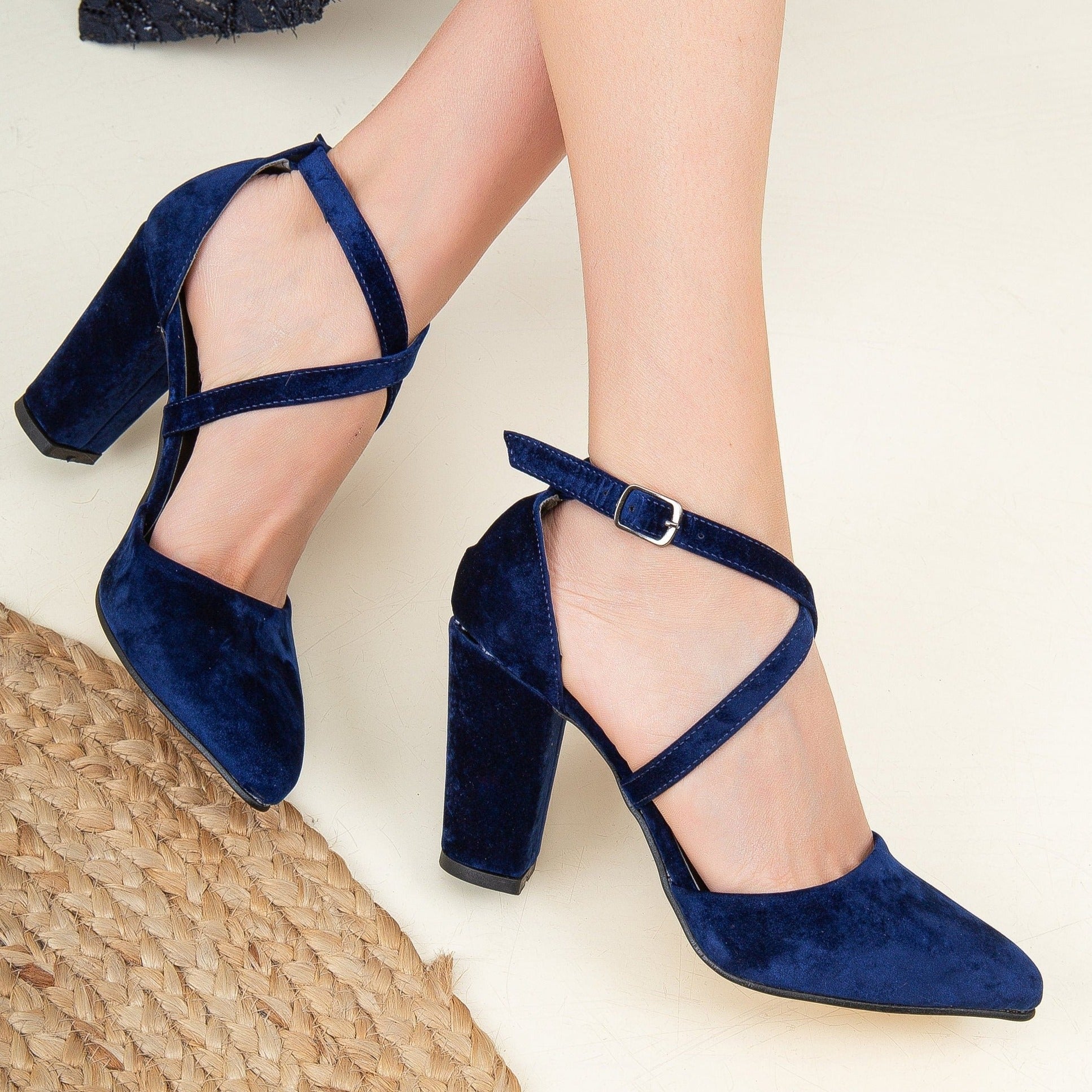 Blue Velvet Heels, Royal Blue Block Heels, Blue Wedding Heels, Criss Cross Heels