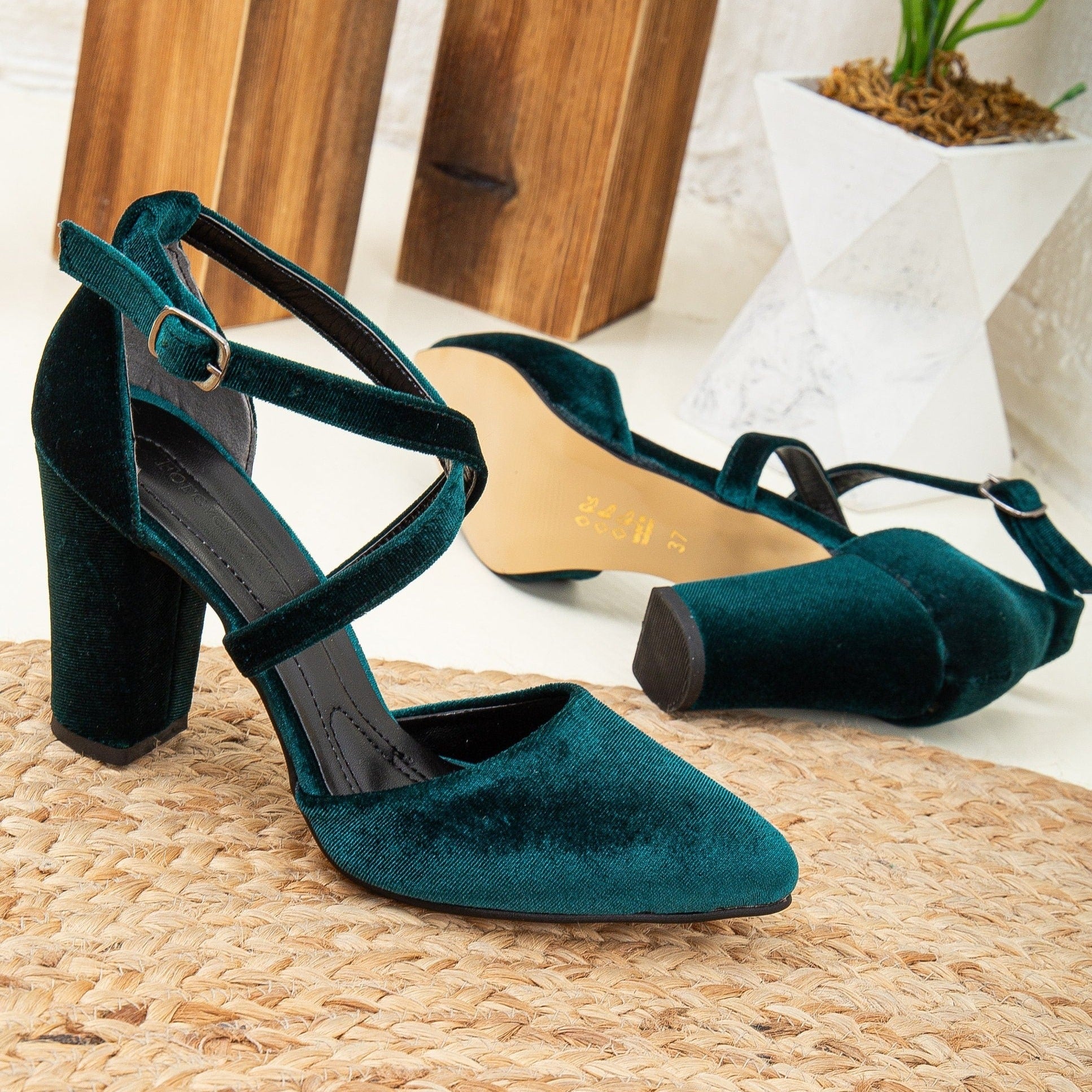 Green Velvet Heels, Green Velvet Shoes, Green Heels, Green Block Heels, Green Wedding Heels, Velvet Bridal Heels, Green Criss Cross Heels