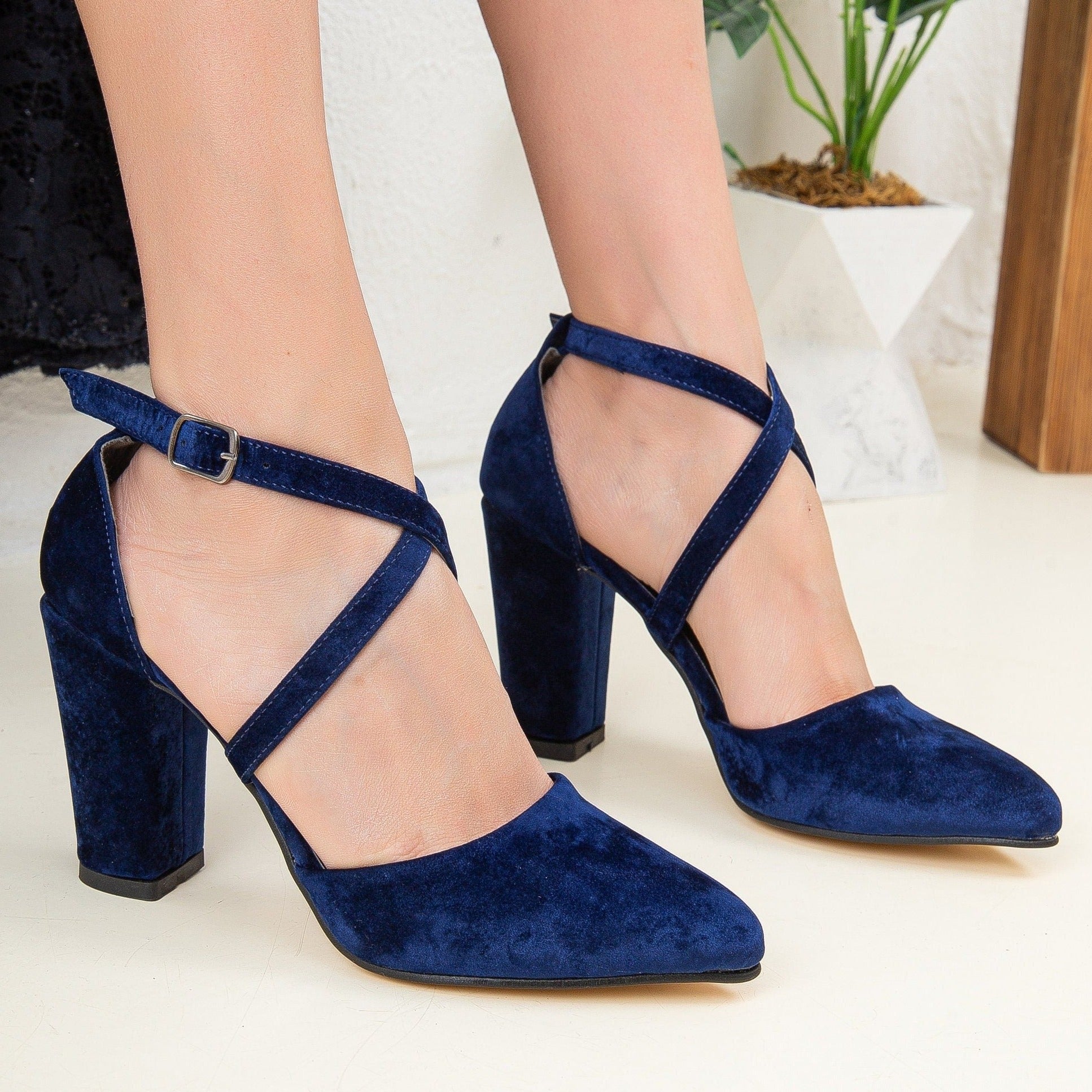 Blue Velvet Heels, Blue Velvet Shoes, Dark Blue Heels, Royal Blue Block Heels, Blue Wedding Heels, Velvet Bridal Heels, Criss Cross Heels