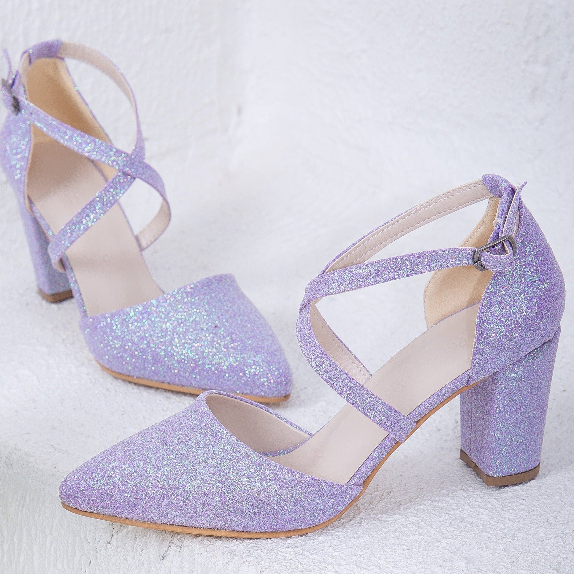 Lilac Glitter Wedding Shoes, Lilac Wedding Heels, Lilac Sparkling Heels, Lilac Bridal Shoes, Lilac Criss Cross Heels, Lilac Block Heels