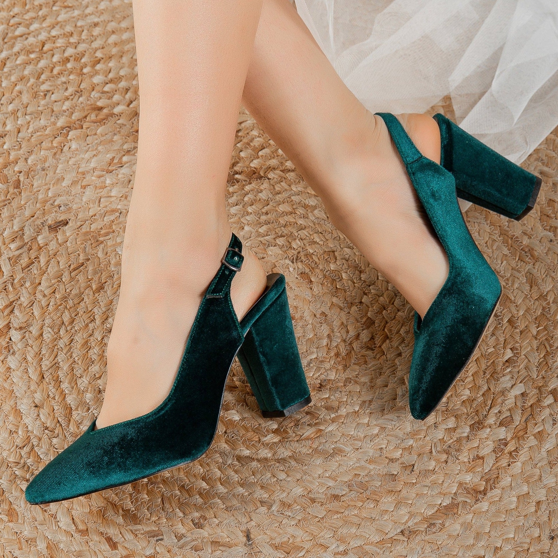 Green Velvet Slingback Shoes, Wedding Shoes, Green Velvet Shoes, Green High Heels, Green Wedding Heels, Emerald Green Block Heel, Bride Shoe