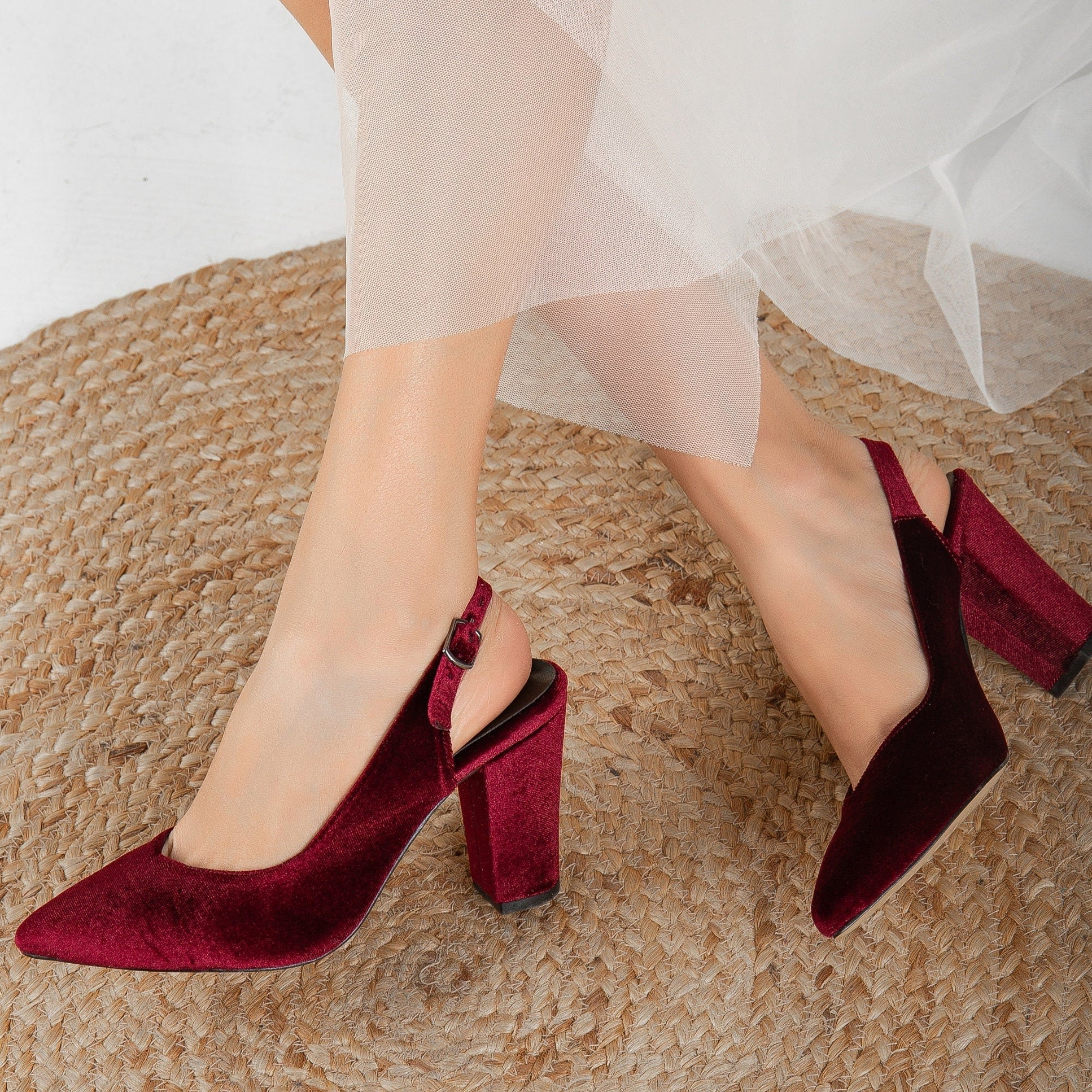 Burgundy Wedding Shoes, Slingback Wedding Shoes, Red Velvet Shoes, Wedding Shoes, Burgundy Velvet Heels, Bridal Shoes, Red Slingback Shoes