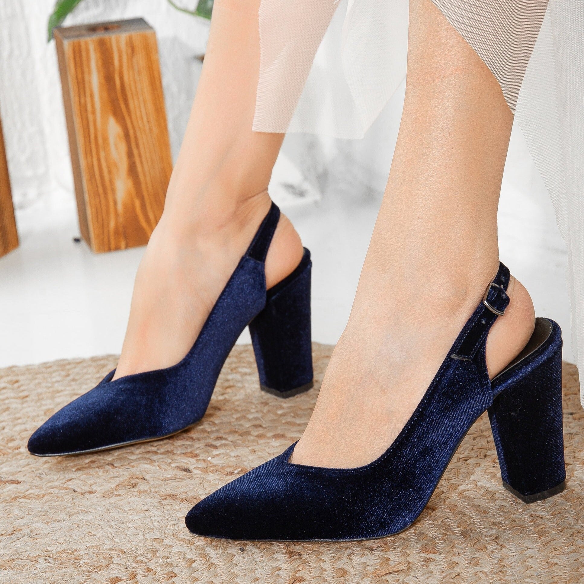 Blue Velvet Shoes, Blue Slingback Shoes, Wedding Shoes, Blue Velvet Heels, Dark Blue Heels, Blue Block Heels, Something Blue, Blue Heels