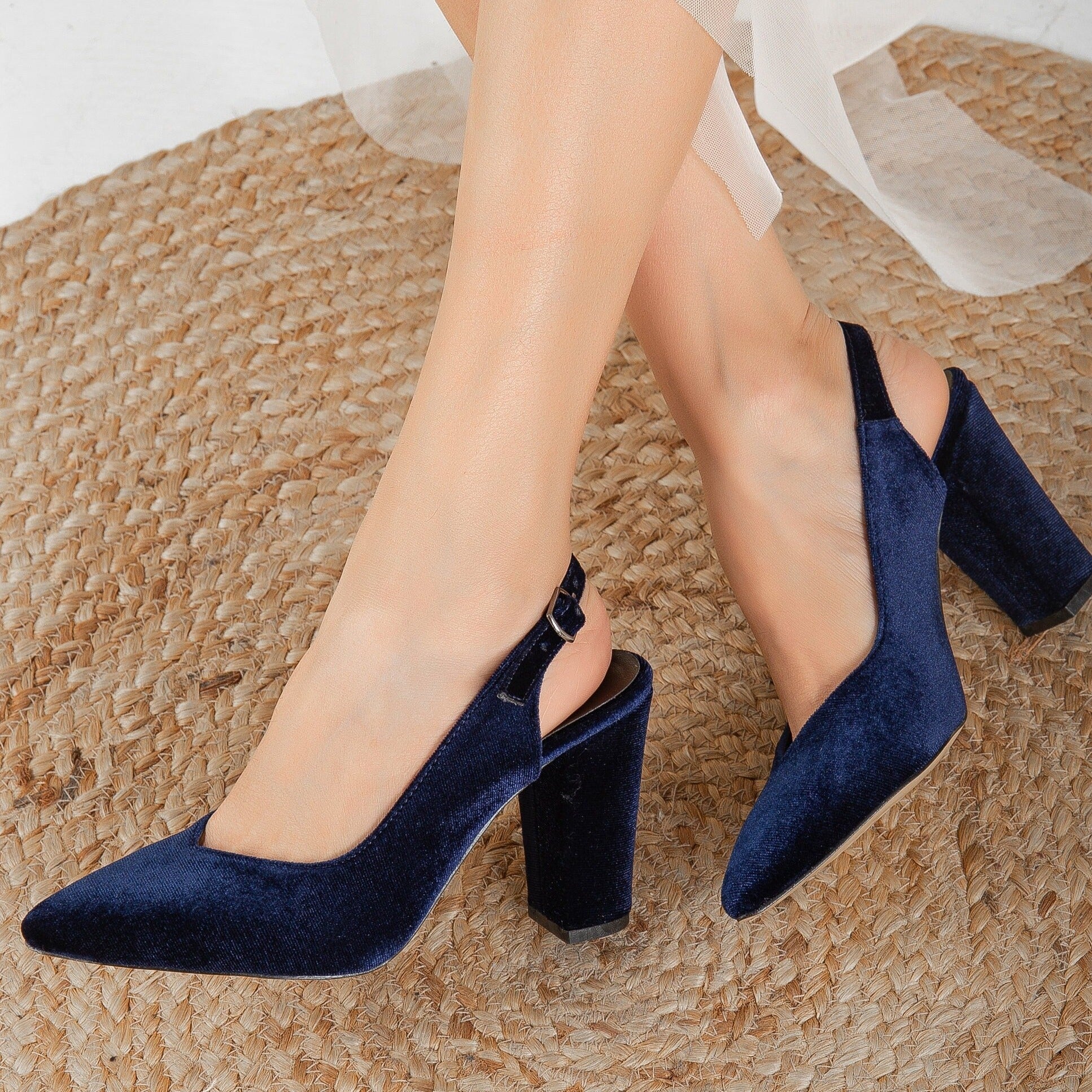 Blue Velvet Shoes, Blue Slingback Shoes, Wedding Shoes, Blue Velvet Heels, Dark Blue Heels, Blue Block Heels, Something Blue, Blue Heels